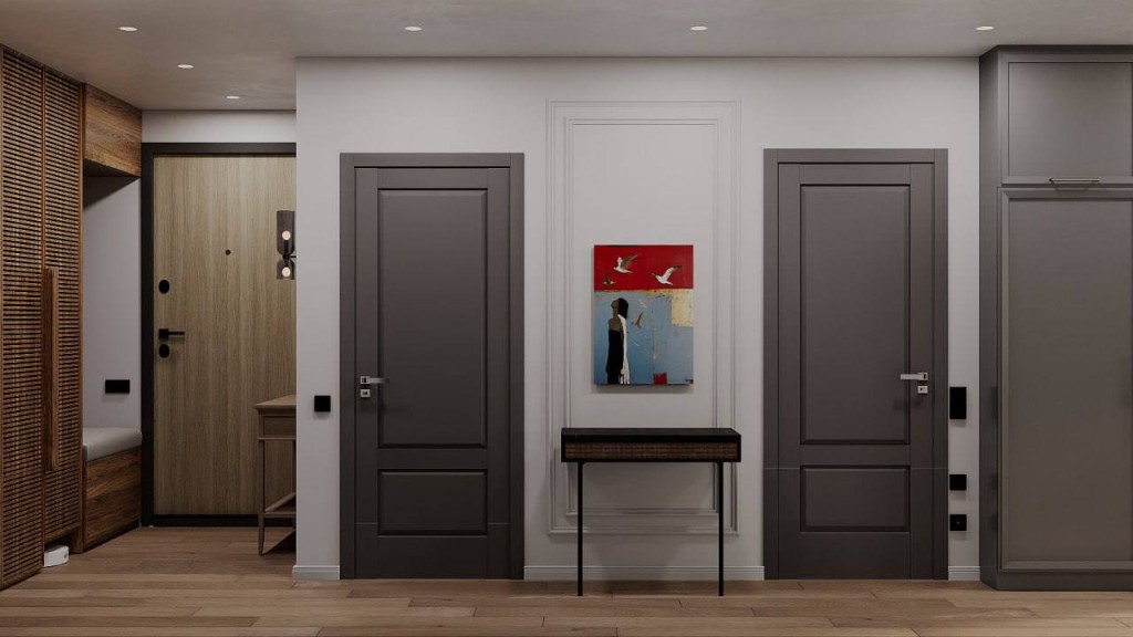 Кухня с серыми фасадами и красным фартуком