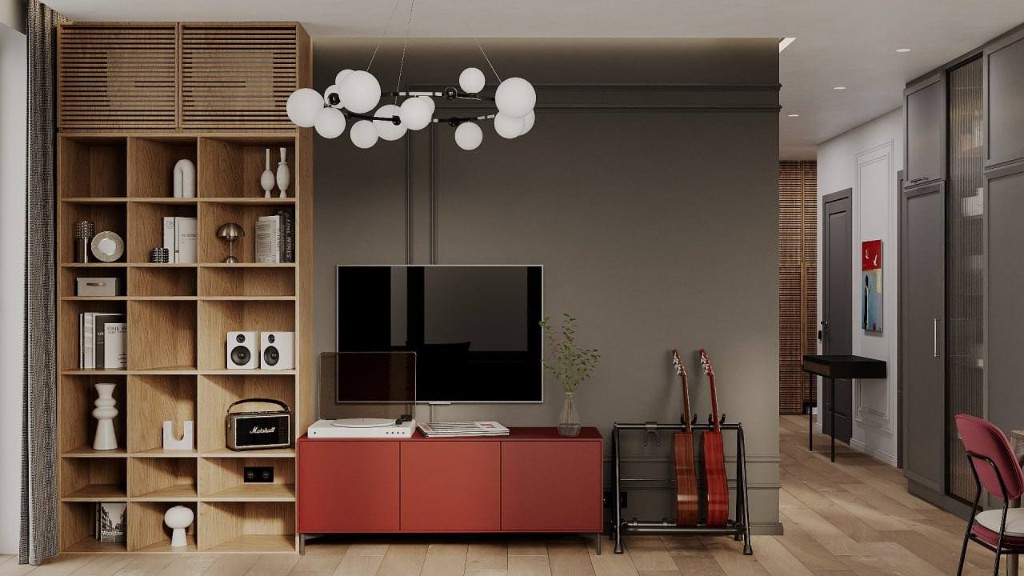 Коридор с гитарами и встроенными шкафами