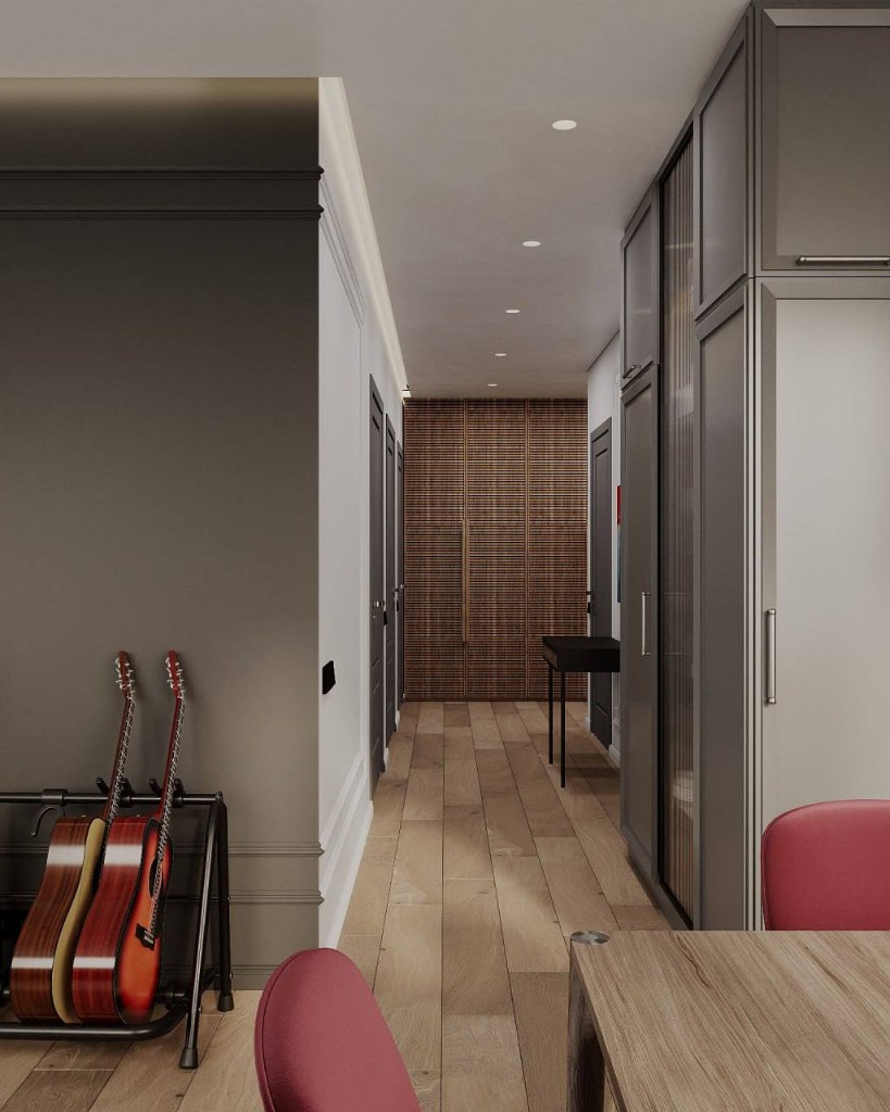 Гостиная с телевизором и красной тумбой