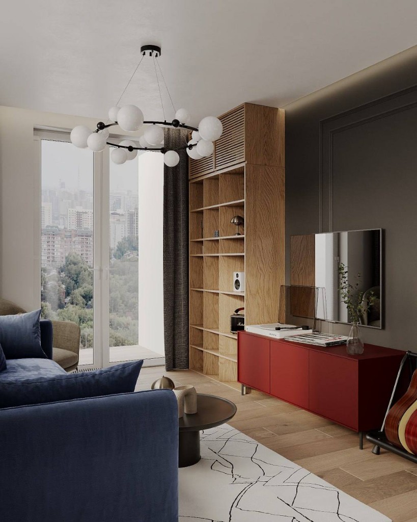 Прихожая с деревянными рейками и скамьей