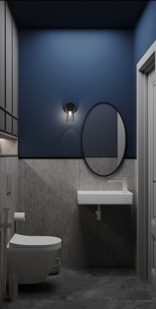 Синий диван в гостиной с видом на город