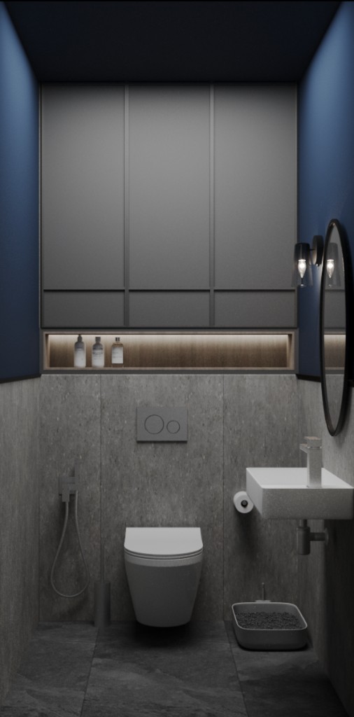 Кухня с серыми фасадами и красным фартуком, вид из гостиной