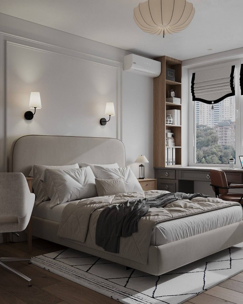 ТВ-зона с красной тумбой и стеллажом