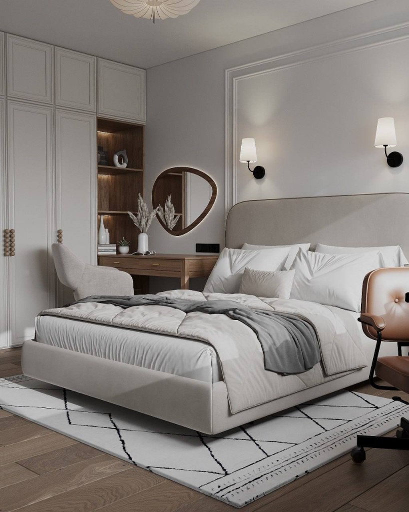 Общий план спальни с кроватью и шкафами