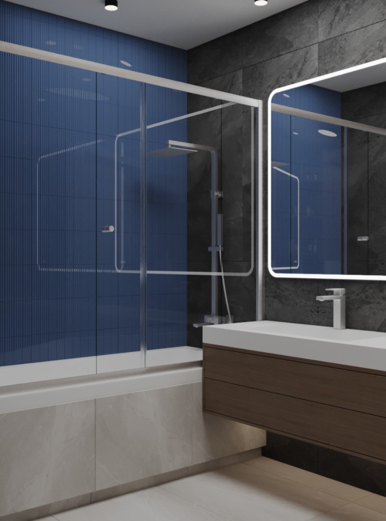 Ванная комната с тёмной плиткой и подсвеченным зеркалом