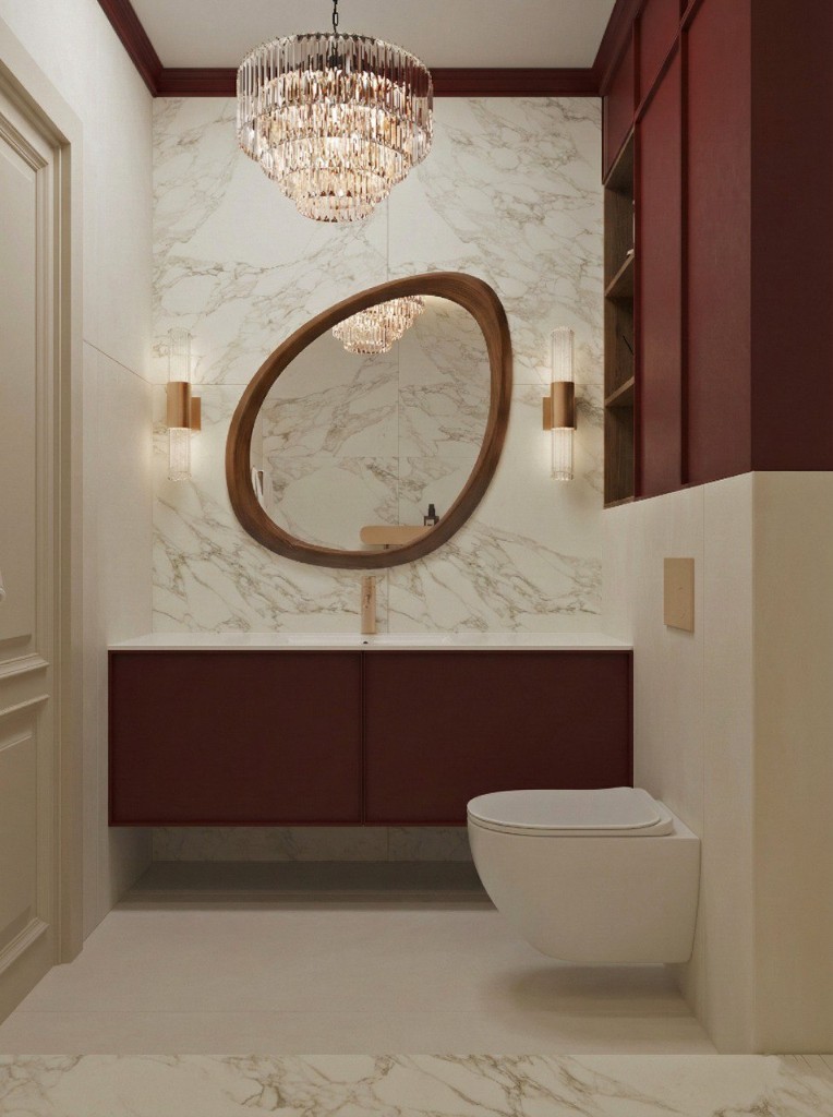 Спальня с терракотовой люстрой и шкафом