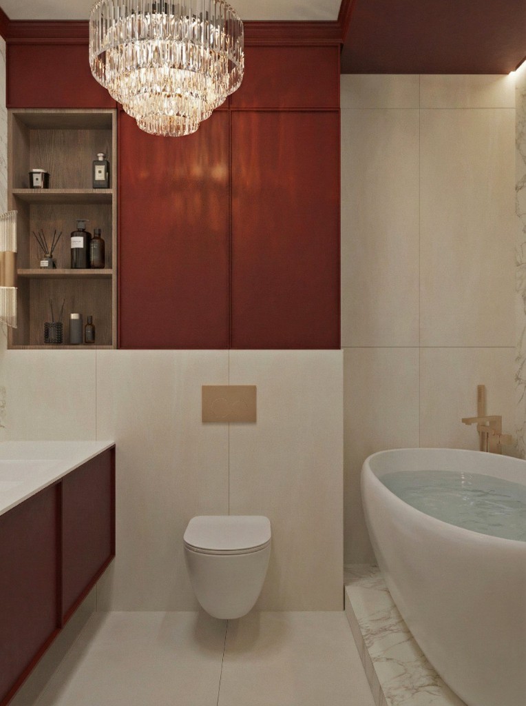 Спальня с кроватью и тумбой под ТВ