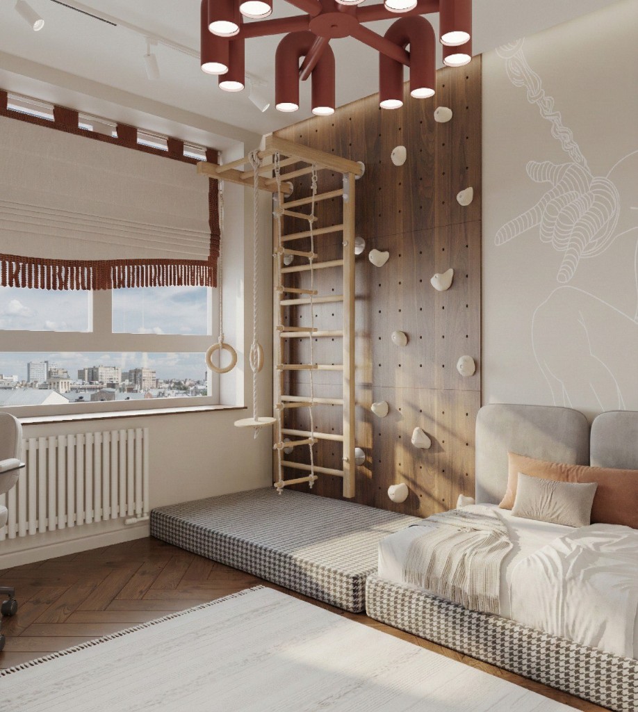 Ванная с зеркалом и бордовой тумбой