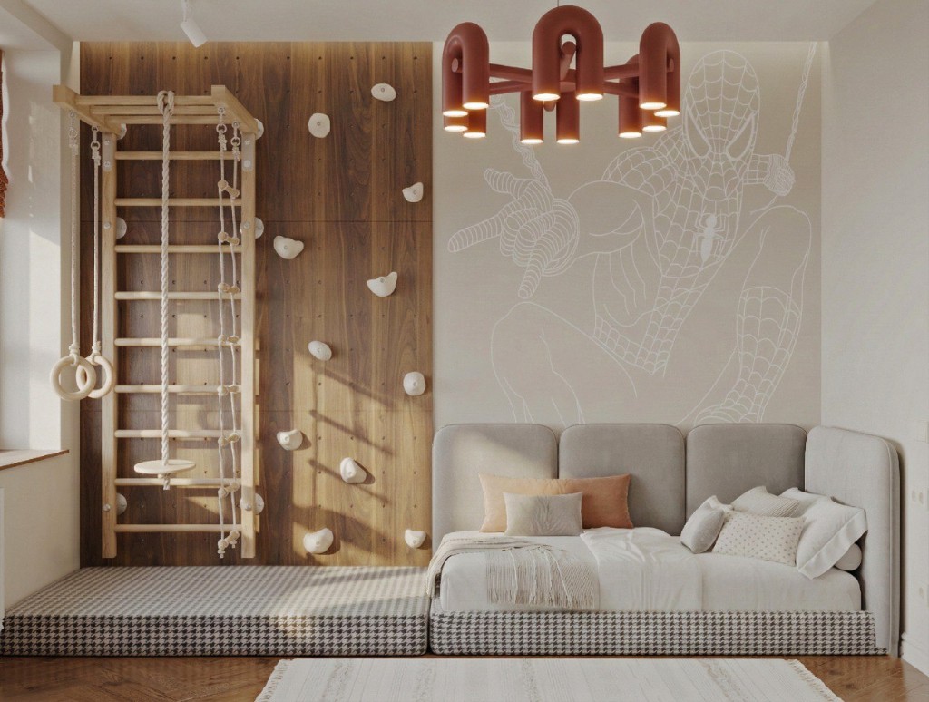 Спальня с терракотовой люстрой