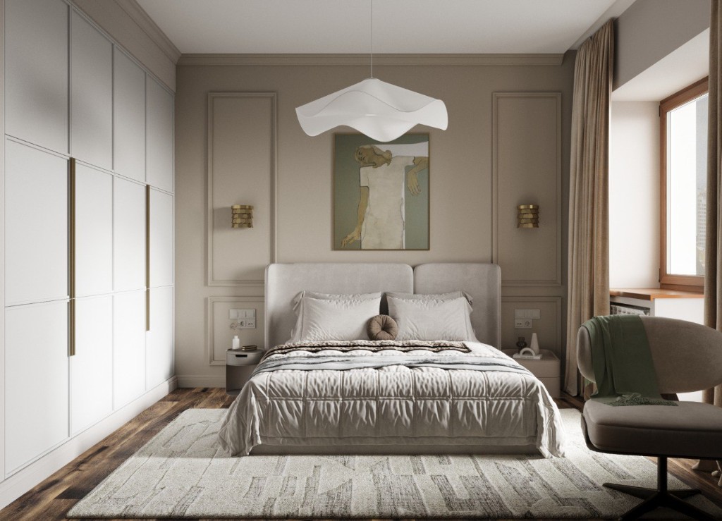 Гостиная с ТВ-зоной, диванами и деревянными панелями