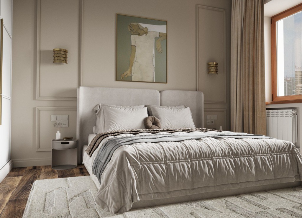 Кухня-гостиная с диваном и деревянными шкафами