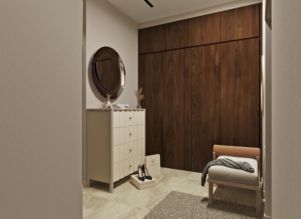 Вид из гостиной в коридор с картинами и деревянными рейками