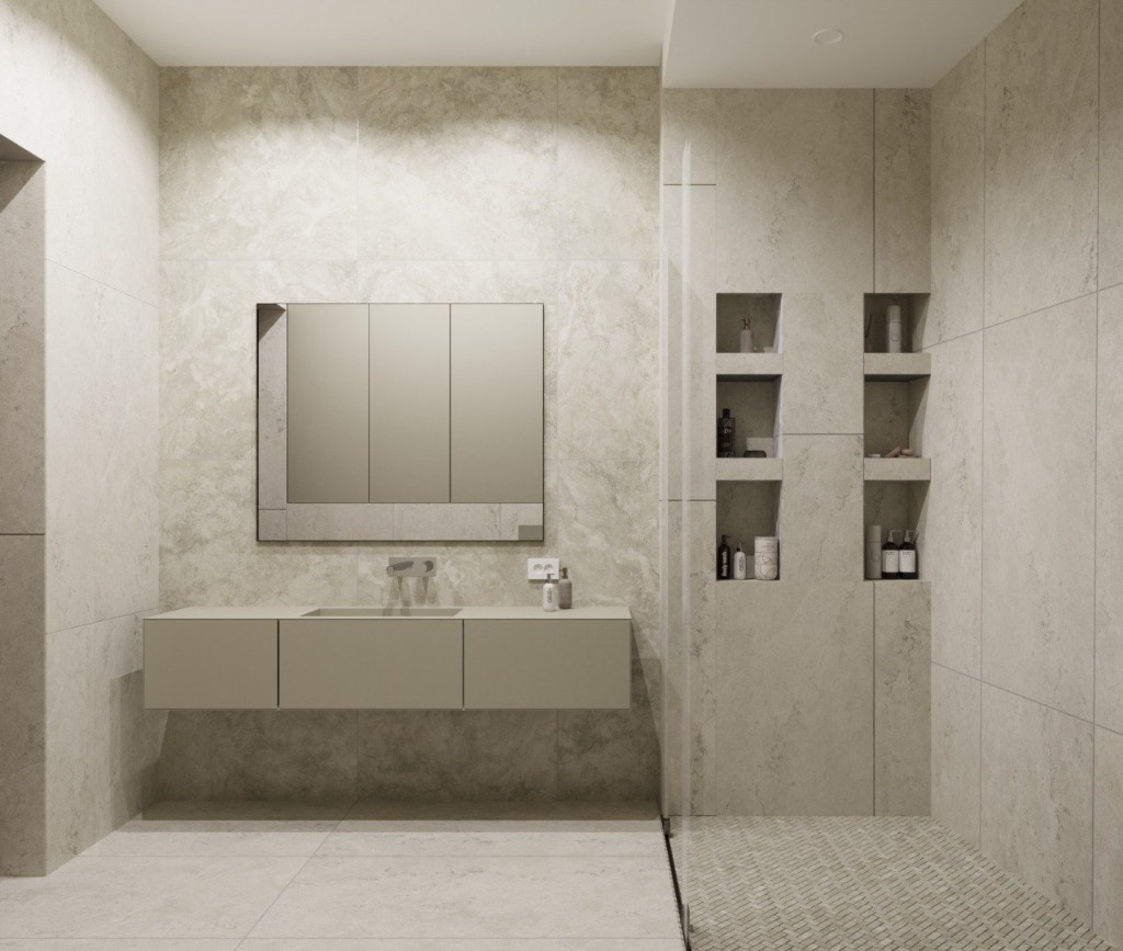 Коридор с деревянной стеной-подсветкой и абстрактными картинами