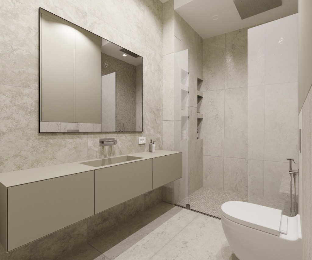 Ванная с мозаикой елочкой и подвесным унитазом