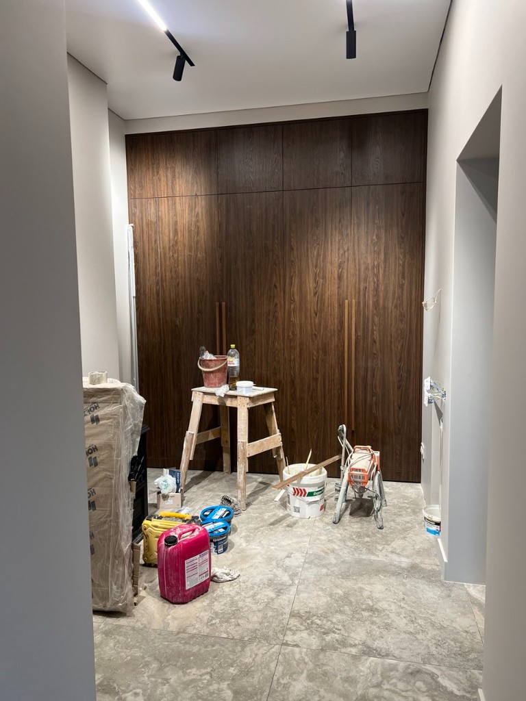 Коридор со встроенными шкафами, светлые и тёмные панели