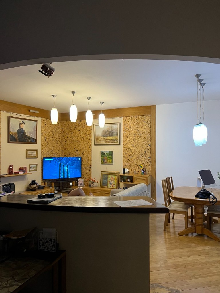 Гостиная и обеденная зона через арочный проем, до ремонта